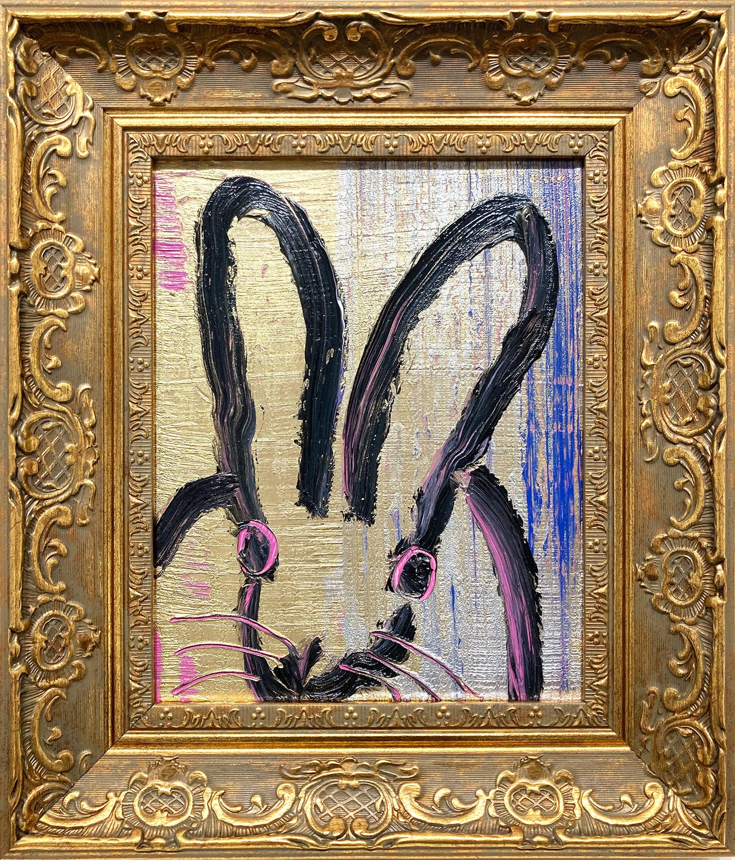 Hunt Slonem Abstract Painting - "Love" Black Outlined Bunny on Multicolor Background Oil Painting on Wood Panel