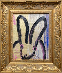 "Love" Black Outlined Bunny on Multicolor Background Oil Painting on Wood Panel