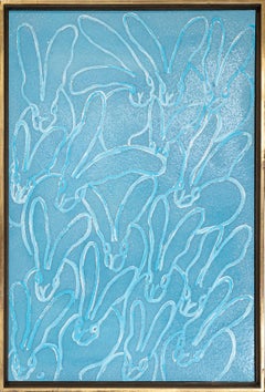Lucky Charm in Blue- gestural blue and white bunny painting in vintage frame