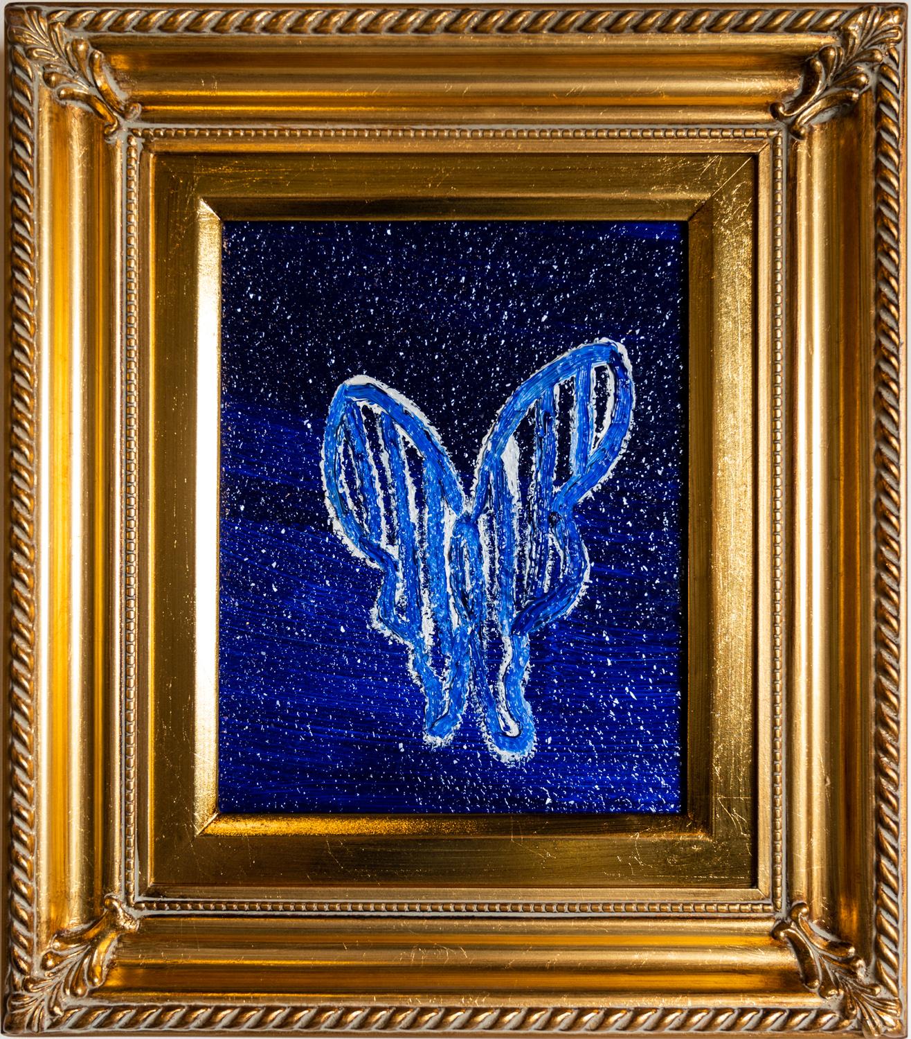 Hunt Slonem Animal Painting – Luna „Schmetterlingsgemälde“, Original Blaues Ölgemälde in Gold, Vintage-Rahmen