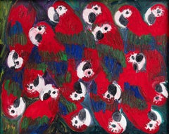 "Macaws" Red & Blue Birds with Green Background Oil Painting on Canvas Framed