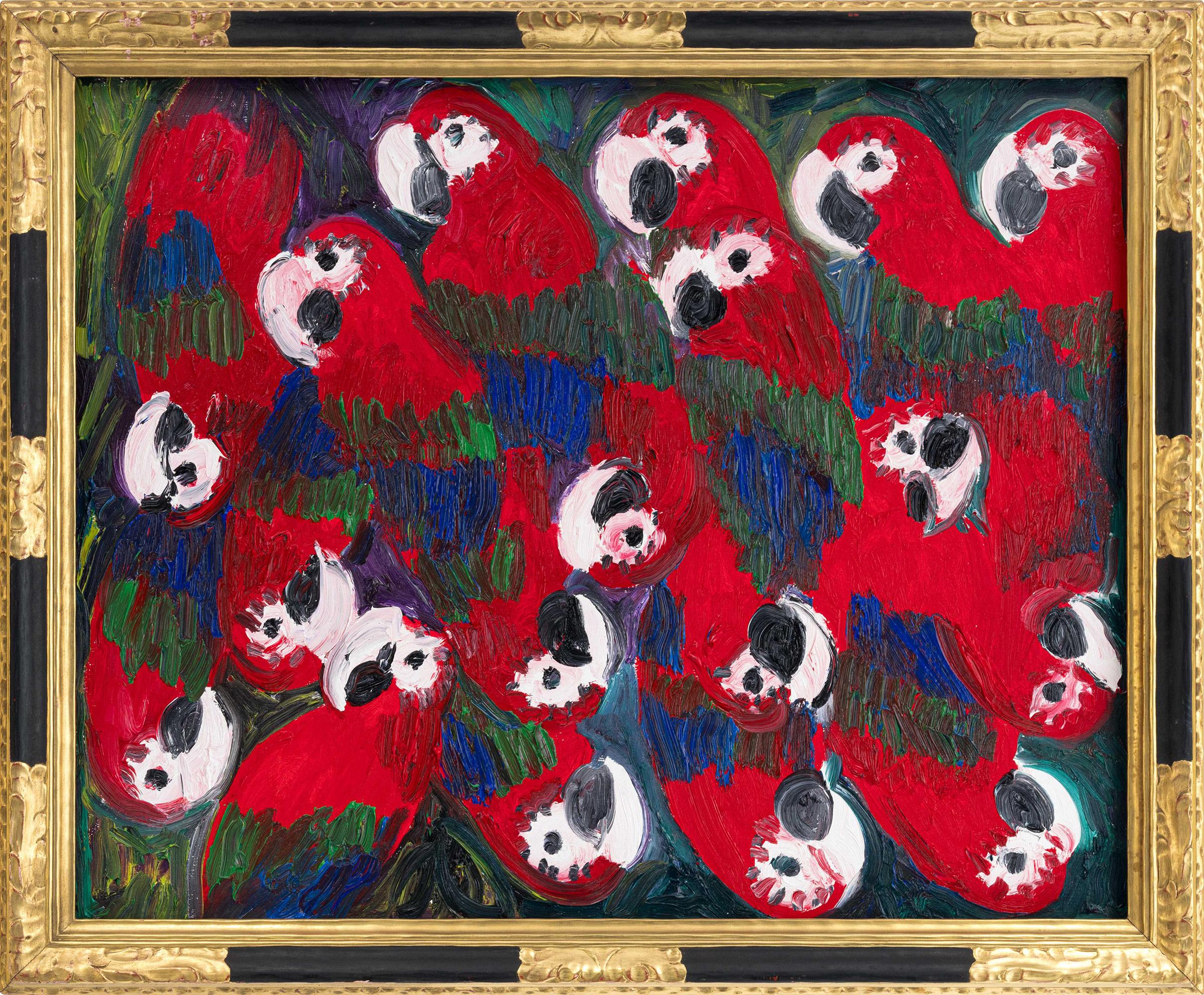 "Macaws" Red & Blue Birds with Green Background Oil Painting on Canvas Framed
