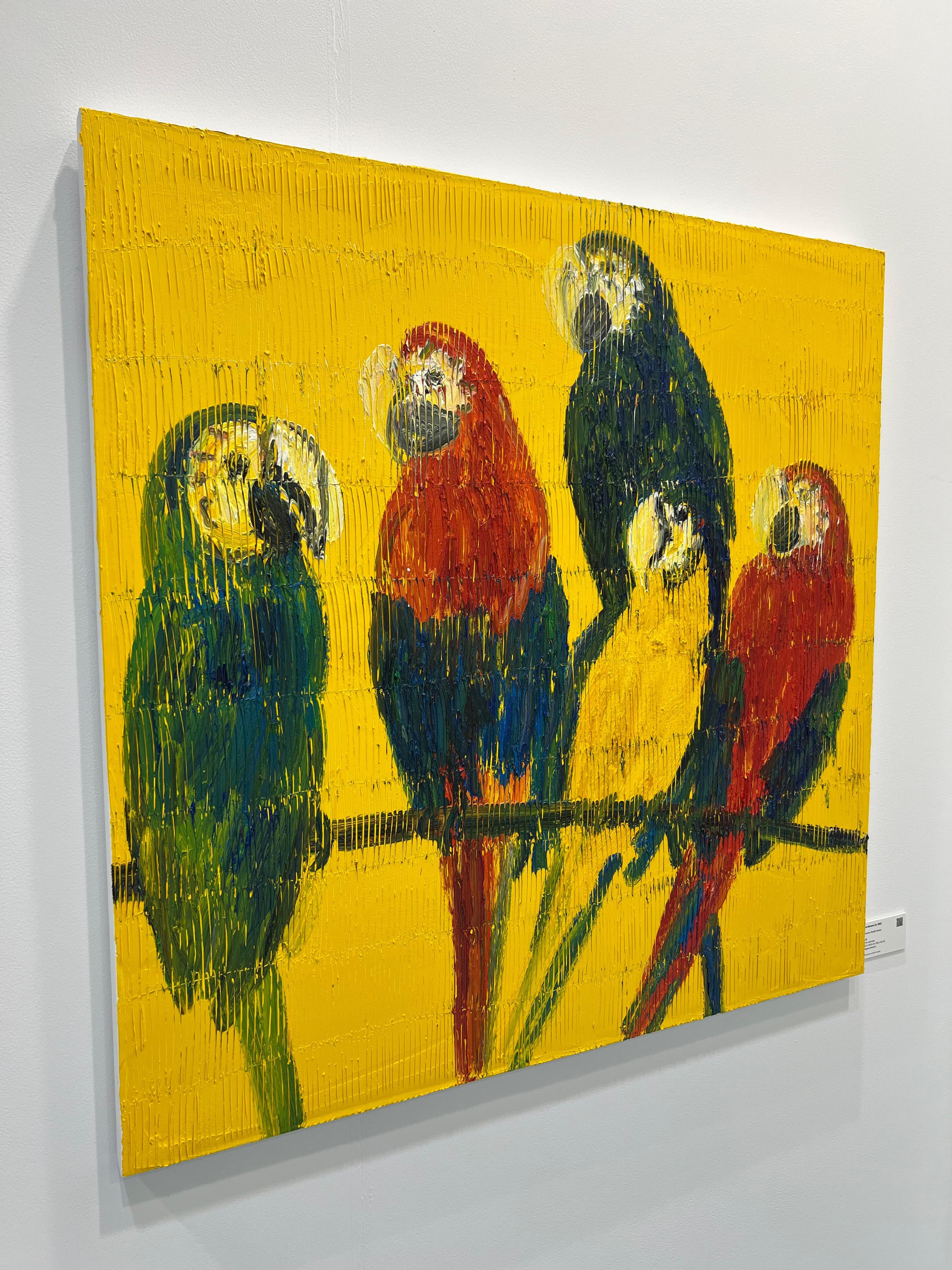 Obra original y única de Hunt Slonem.
Óleo sobre lienzo
Firmado al dorso del lienzo

Esta vibrante ilustración muestra a cinco loros posados en una rama sobre un fondo amarillo brillante. El artista utiliza pinceladas audaces y texturizadas para dar