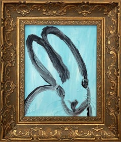 Bunny sur fond bleu clair, peinture à l
huile sur bois encadrée