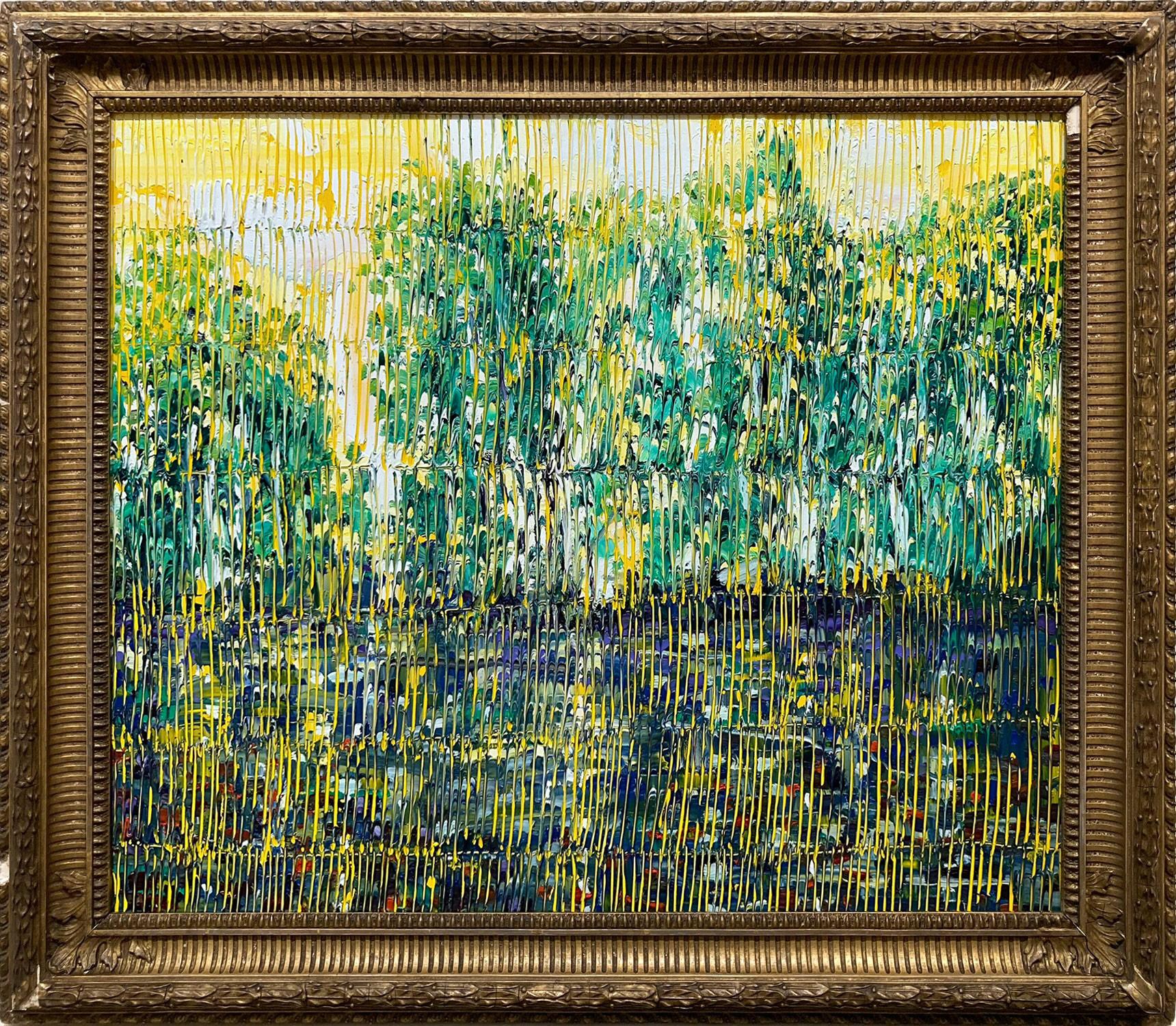"Madewood Bayou" Paisaje en tonos azules amarillos y verdes Pintura al óleo contemporánea