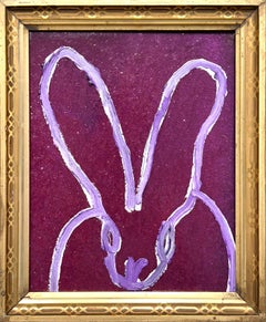 Bunny violet clair sur fond magenta, peinture à l'huile sur panneau de bois