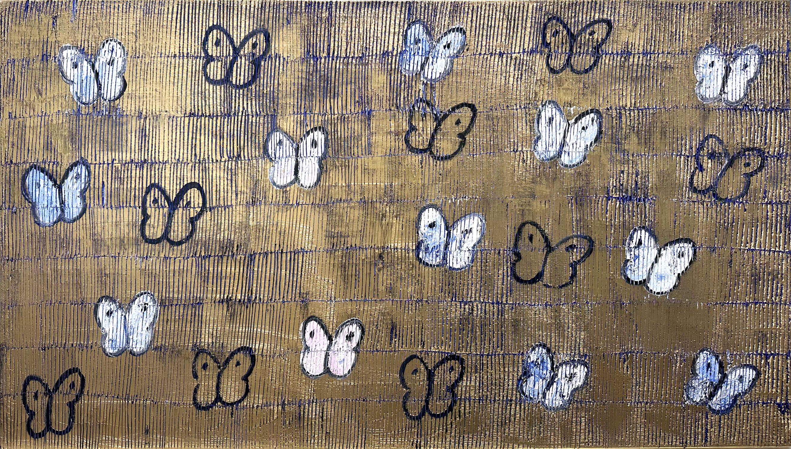 Peinture à l'huile sur toile « Magic Field », papillons blancs avec fond doré