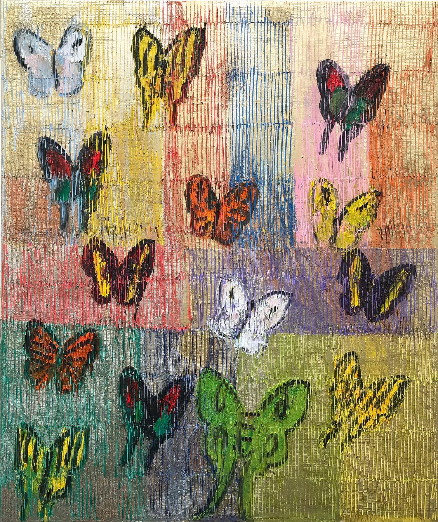 Hunt Slonem Animal Painting - "Major Shift" (Multicolor Butterflies on Gold Background Scoring) Oil on Canvas