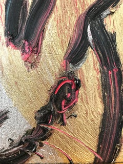 "Mamie" (Black Bunny on Gold Silver with Pink and Light Blue Background)