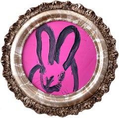 "Marcy" Circular Black Bunny on Hot Pink Background Oil Painting on Wood Panel