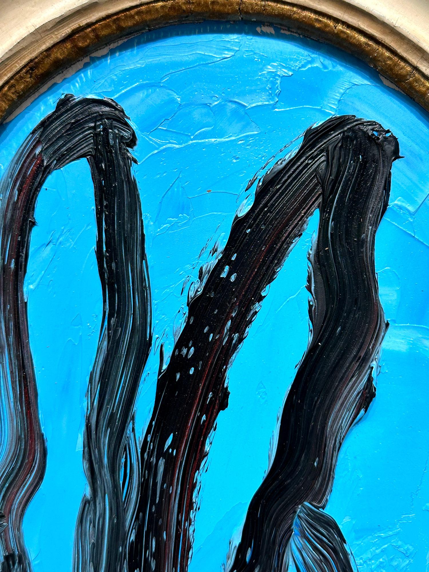 „Margo“ Schwarzes Ölgemälde mit Konturen eines Hasen auf französischem blauem Hintergrund – Ovalrahmen (Neue Wilde), Painting, von Hunt Slonem