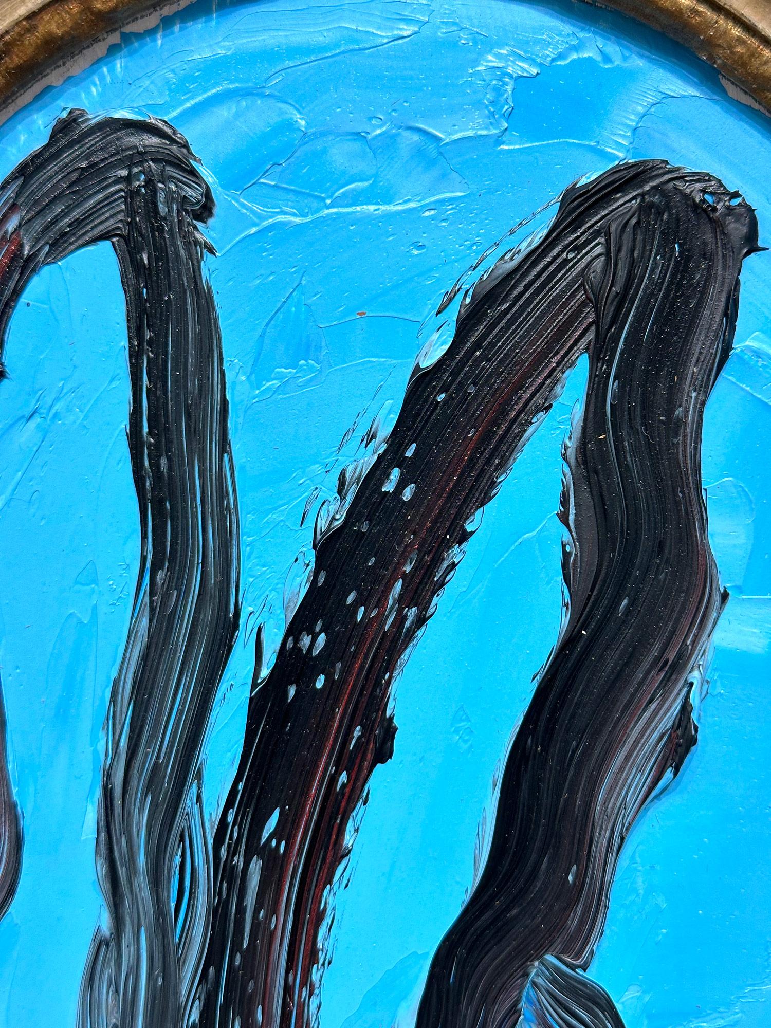„Margo“ Schwarzes Ölgemälde mit Konturen eines Hasen auf französischem blauem Hintergrund – Ovalrahmen im Angebot 3