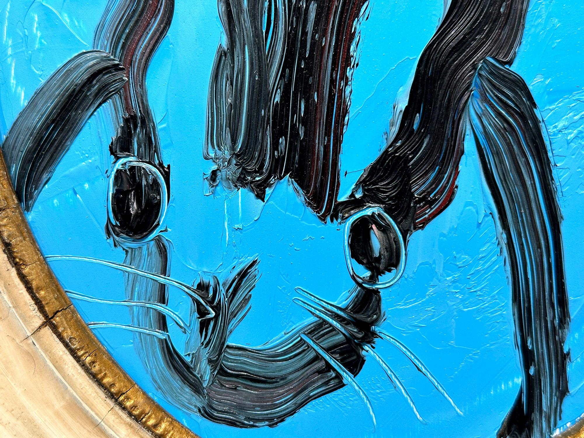 „Margo“ Schwarzes Ölgemälde mit Konturen eines Hasen auf französischem blauem Hintergrund – Ovalrahmen im Angebot 4