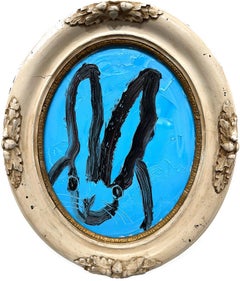 Used "Margo" Black Outlined Bunny on French Blue Background Oil Painting - Oval Frame