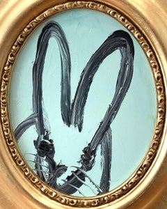 "Maria" Black Outlined Bunny on Powder Blue Background Oil Painting - Oval Frame