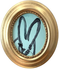 "Maria" Black Outlined Bunny on Powder Blue Background Oil Painting - Oval Frame