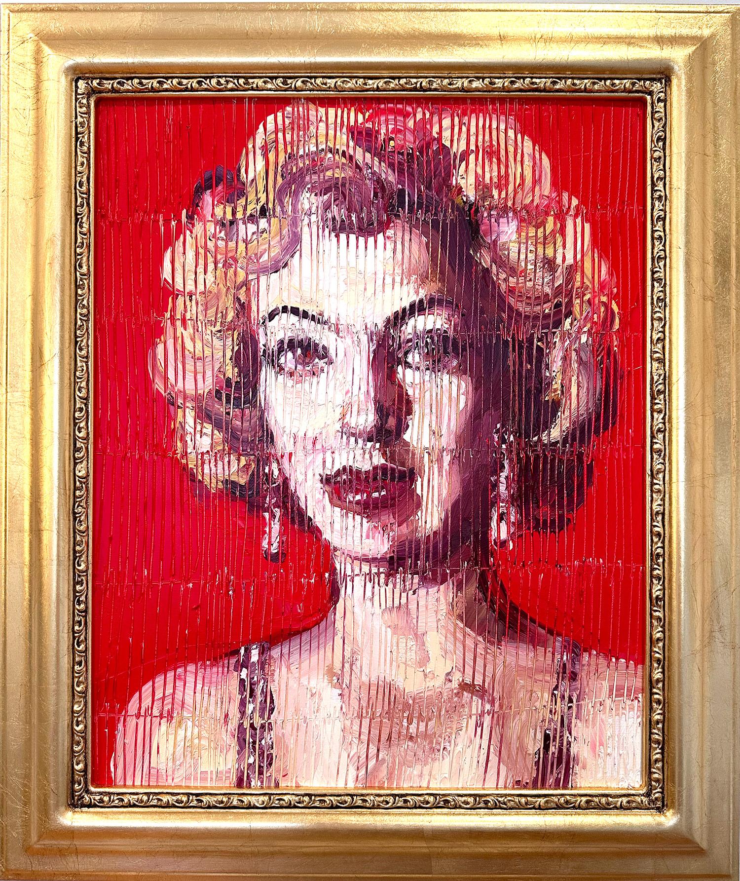 "Marilyn Monroe Red" Pittura a olio neo-espressionista con sfondo rosso su pannello di Wood
