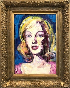 "Marilyn Monroe" Neo-Expressionist Oil Painting in Blue Background on Wood Panel