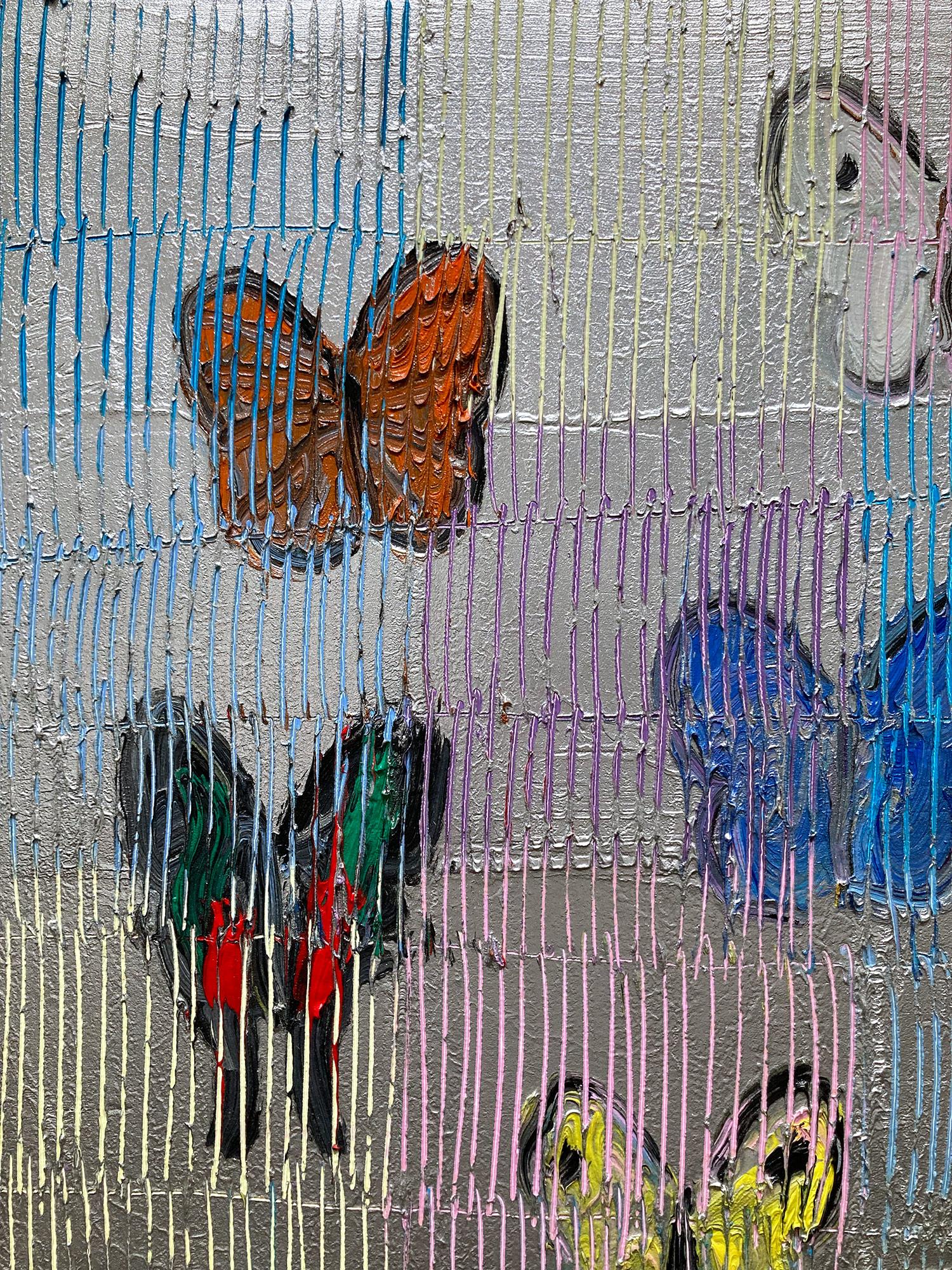 A wonderful composition of one of Slonem's most iconic subjects, Butterflies. This piece depicts delicate butterflies in ascension placed in a wonderful multicolor pastel & silver landscape. Slonem traces his famous crosshatch details throughout the