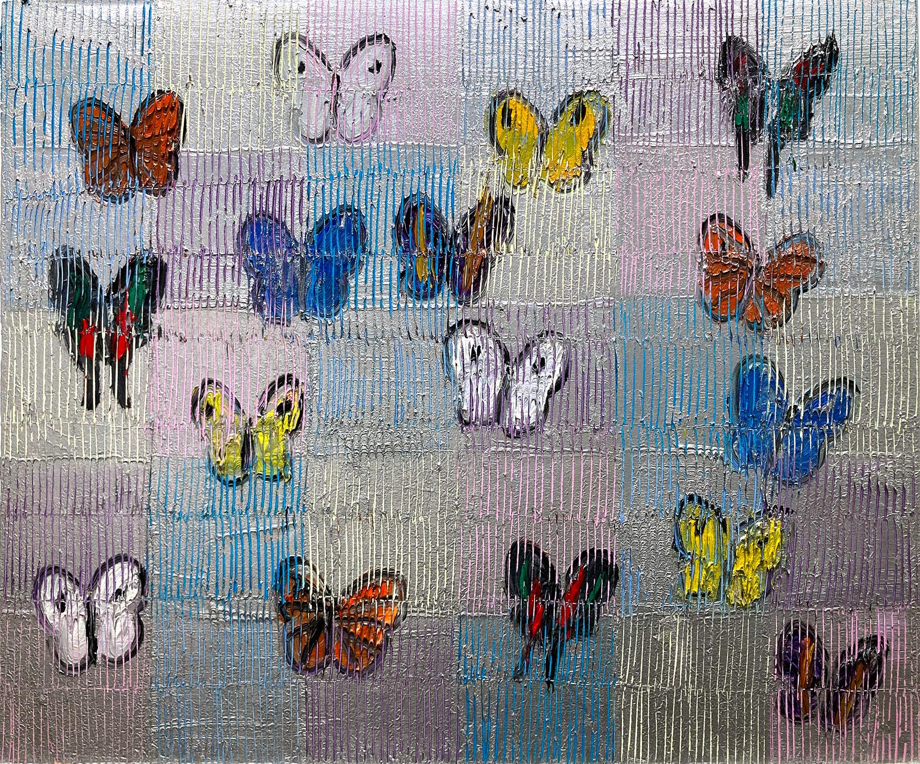 Hunt Slonem Animal Painting - "Marquis" Multicolor Butterflies with Silver Background Oil Painting on Canvas