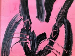 "Mary" Black Bunny on French Pink Background Oil Painting on Wood Panel Framed