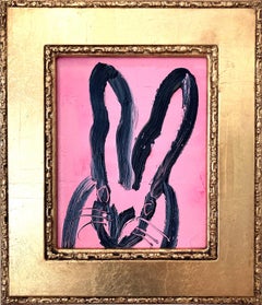 "Mary" Black Bunny on French Pink Background Oil Painting on Wood Panel Framed