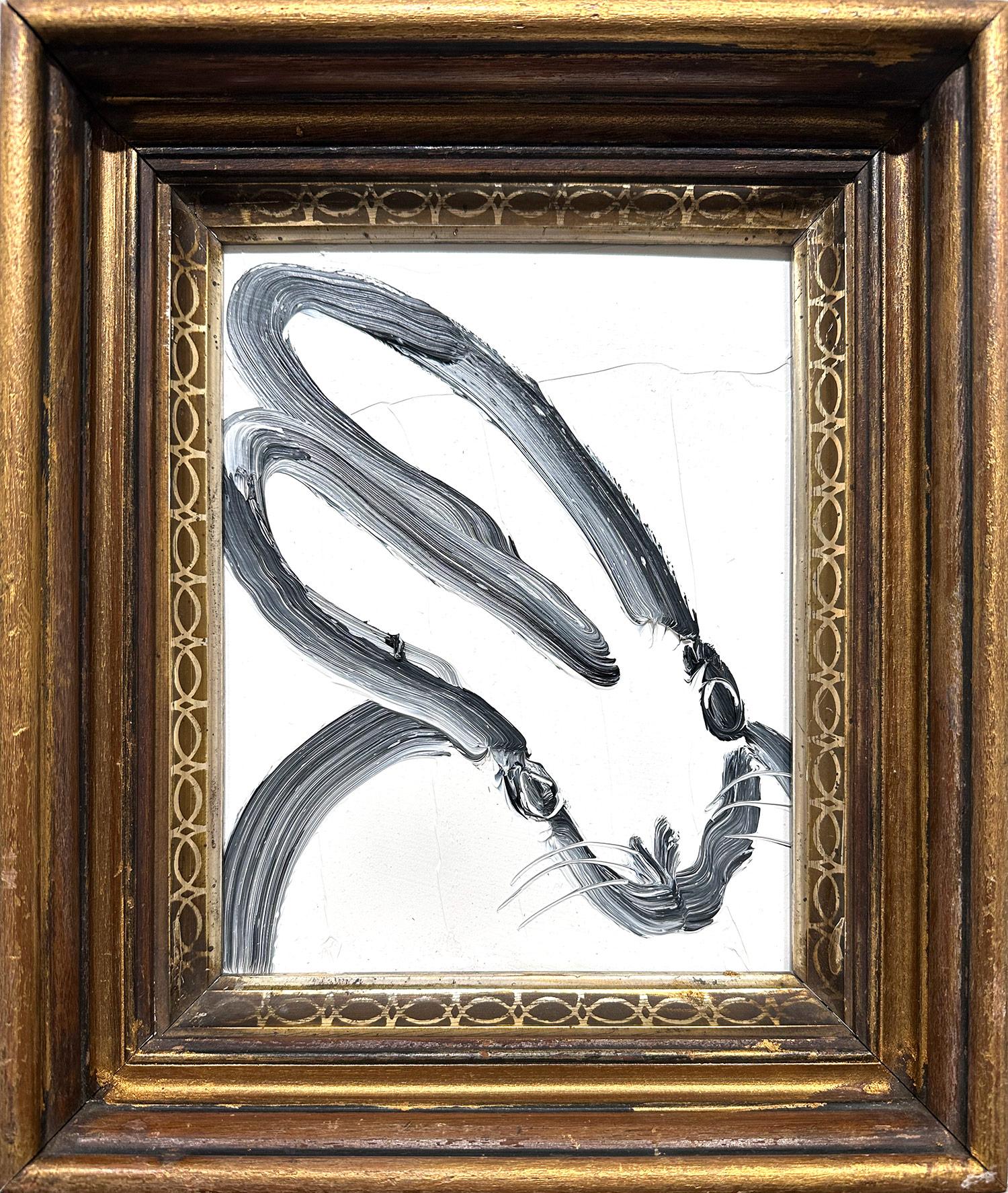 Hunt Slonem Abstract Painting - "Mary" Black Bunny on White Background Oil Painting on Wood Panel Framed