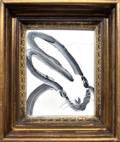 "Mary" Lapin noir sur fond blanc Peinture à l'huile sur panneau de bois encadrée