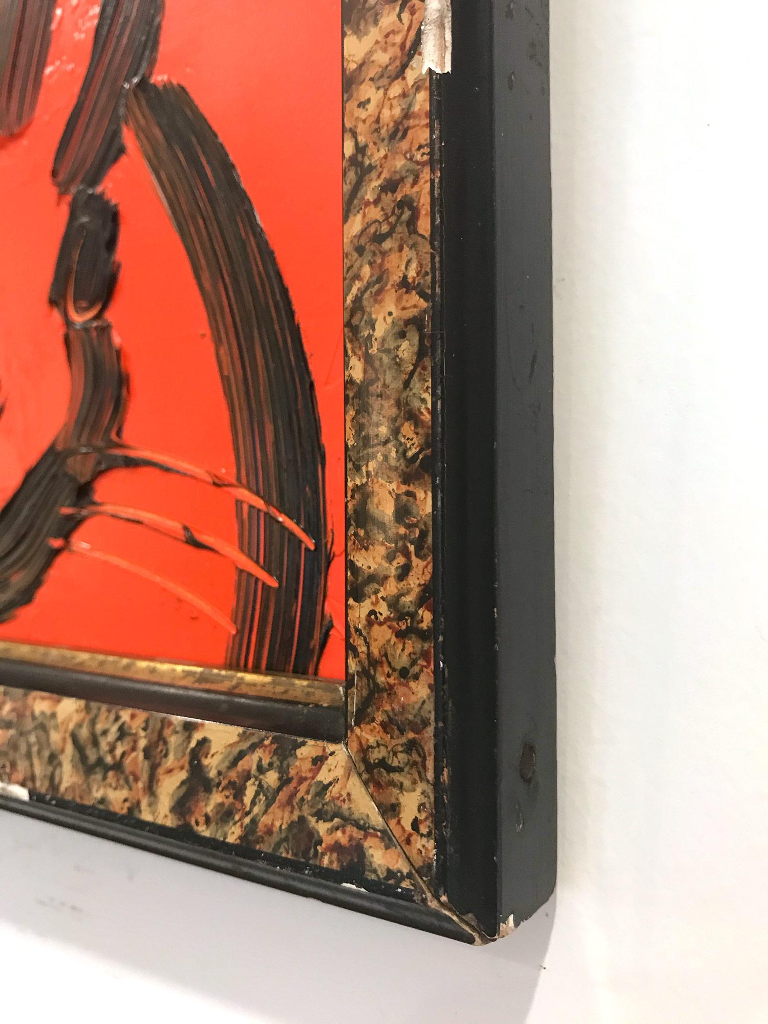 A wonderful composition of one of Slonem's most iconic subjects, Bunnies. This piece depicts a gestural figure of a black bunny on a Scarlet Red background with thick use of paint. It is housed in a wonderful antique frame. Inspired by nature and a