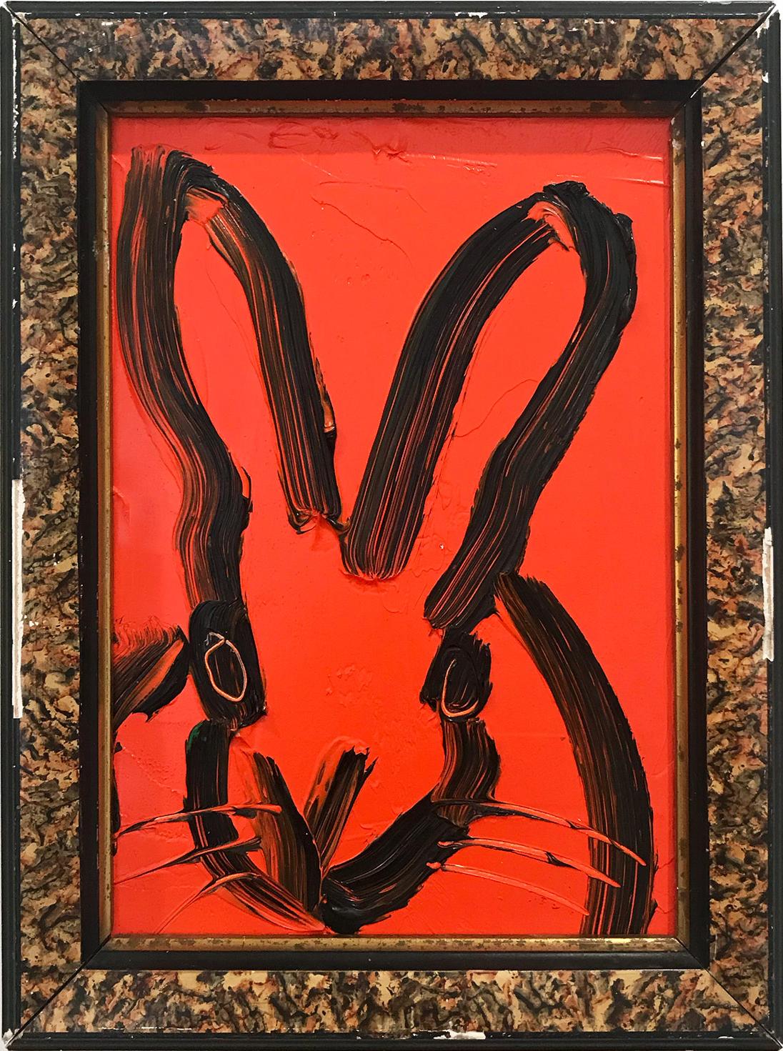 Hunt Slonem Animal Painting - "Max" (Black Outlined Bunny on Scarlet Red Background)