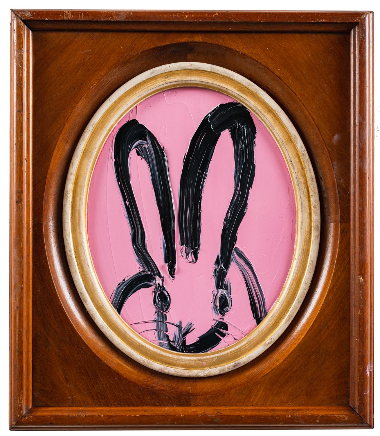 Hunt Slonem Animal Painting - "May" Pink Bunny Oil Painting in Vintage Wood Frame