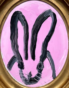 "Maybe" Black Bunny on Light Lavender Background Oil Painting - Oval Frame
