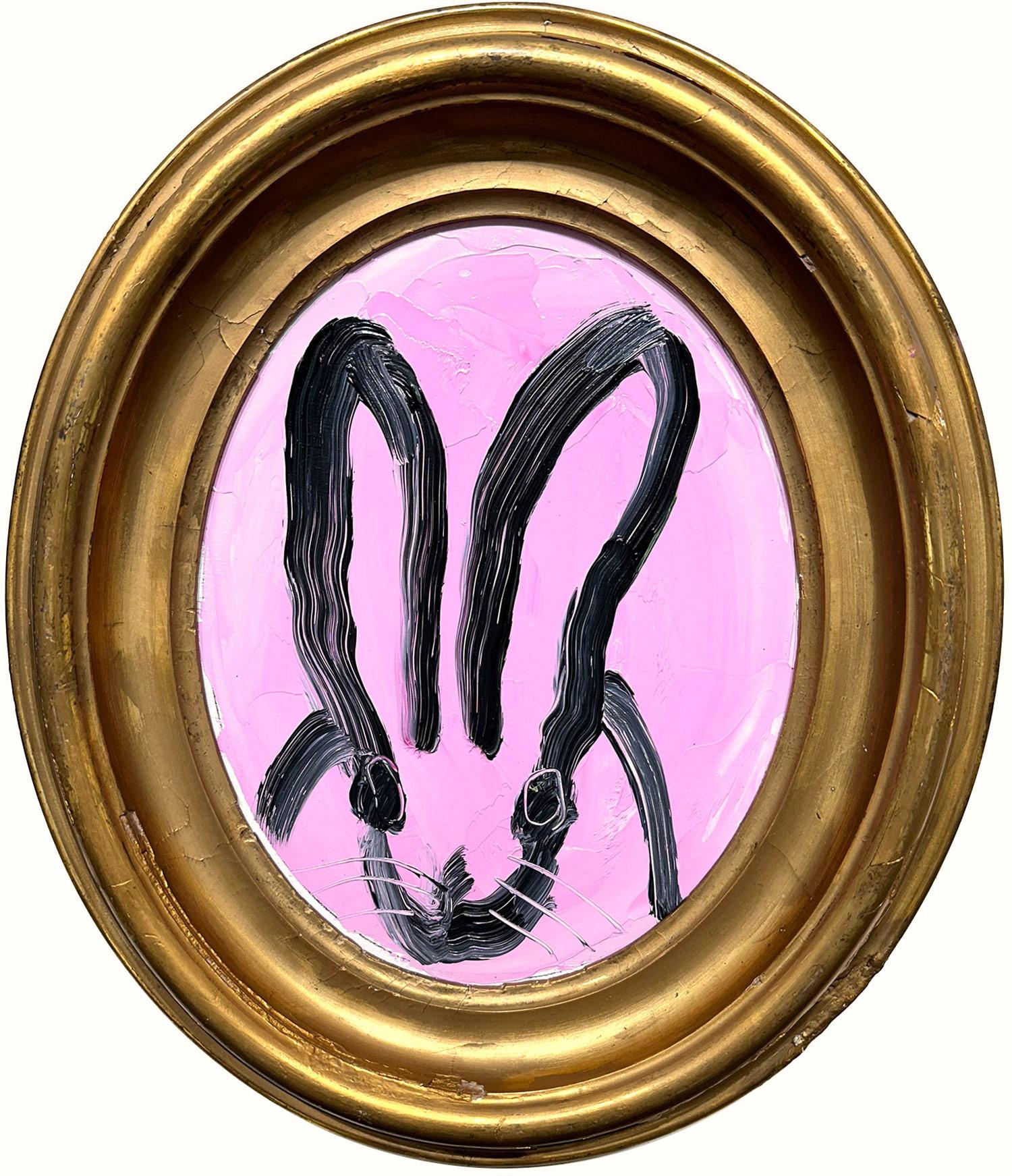 Hunt Slonem Abstract Painting - "Maybe" Black Bunny on Light Lavender Background Oil Painting - Oval Frame