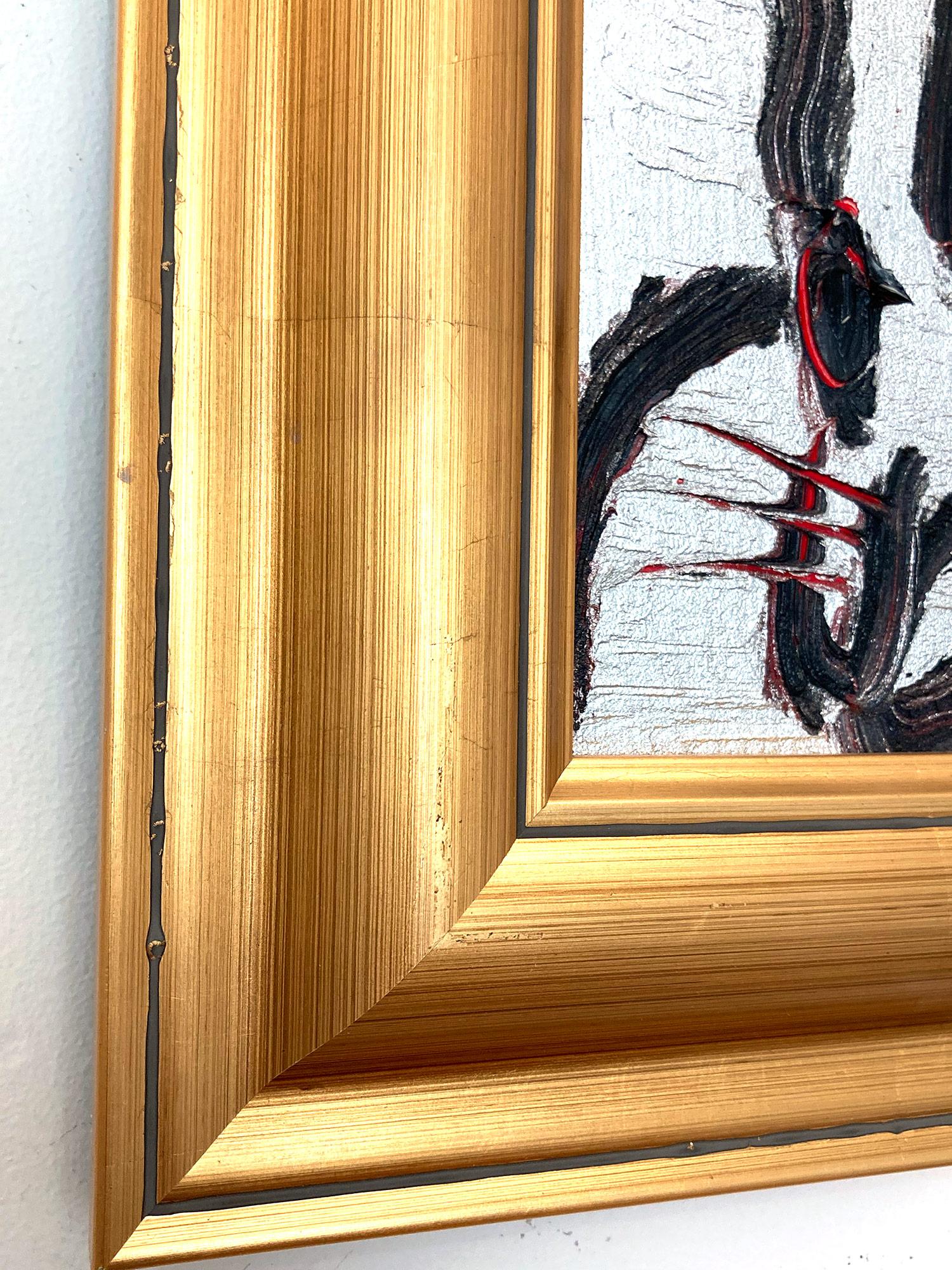 Peinture à l'huile sur bois « Me », bouleau noir sur fond argenté avec accents rouges en vente 5
