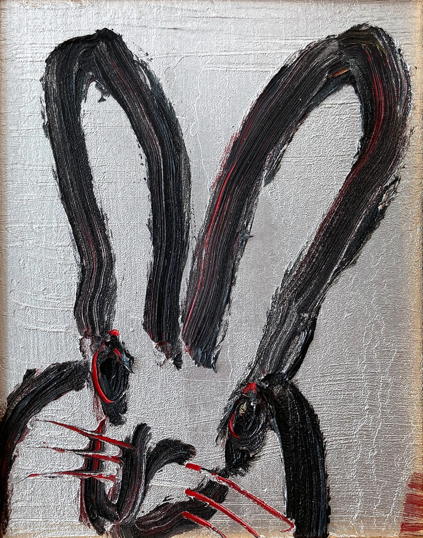 Peinture à l'huile sur bois « Me », bouleau noir sur fond argenté avec accents rouges - Painting de Hunt Slonem
