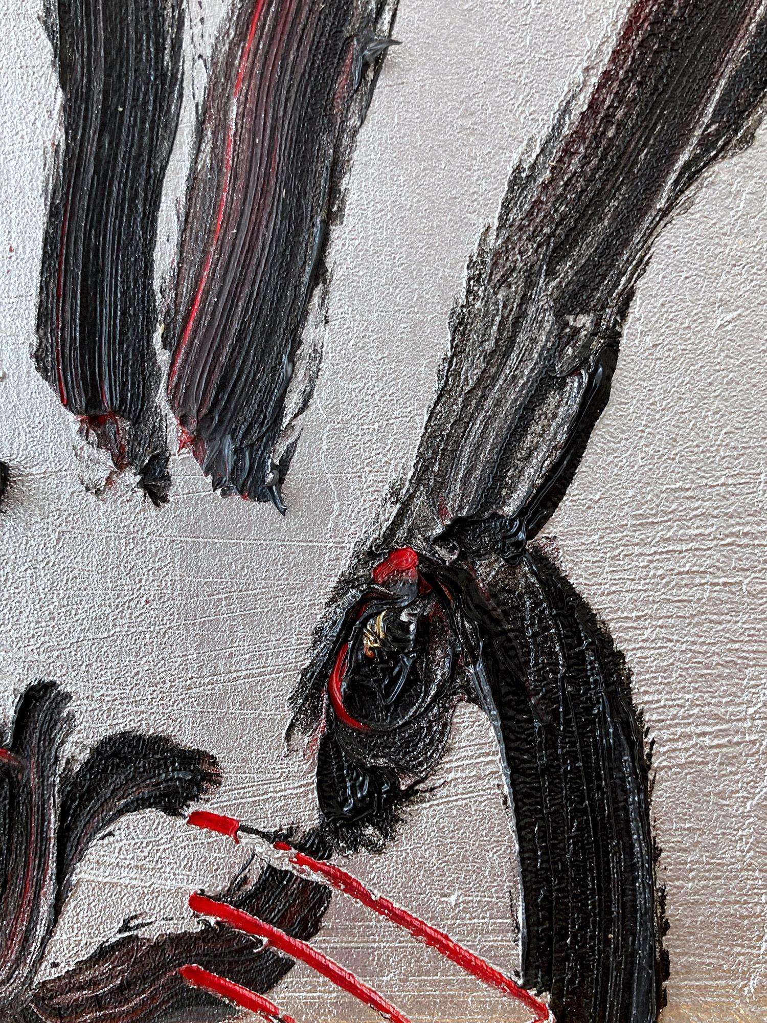 Peinture à l'huile sur bois « Me », bouleau noir sur fond argenté avec accents rouges - Néo-expressionnisme Painting par Hunt Slonem