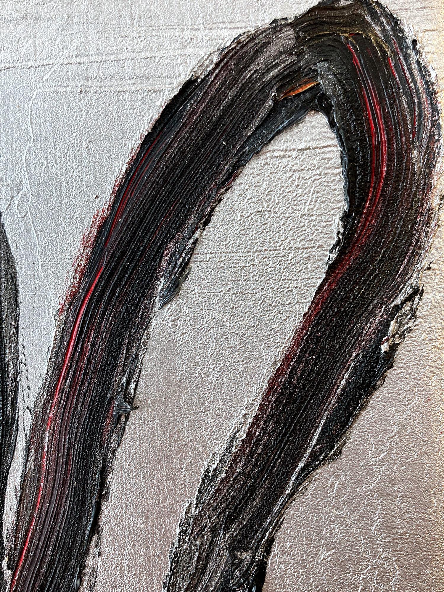 Peinture à l'huile sur bois « Me », bouleau noir sur fond argenté avec accents rouges - Marron Abstract Painting par Hunt Slonem