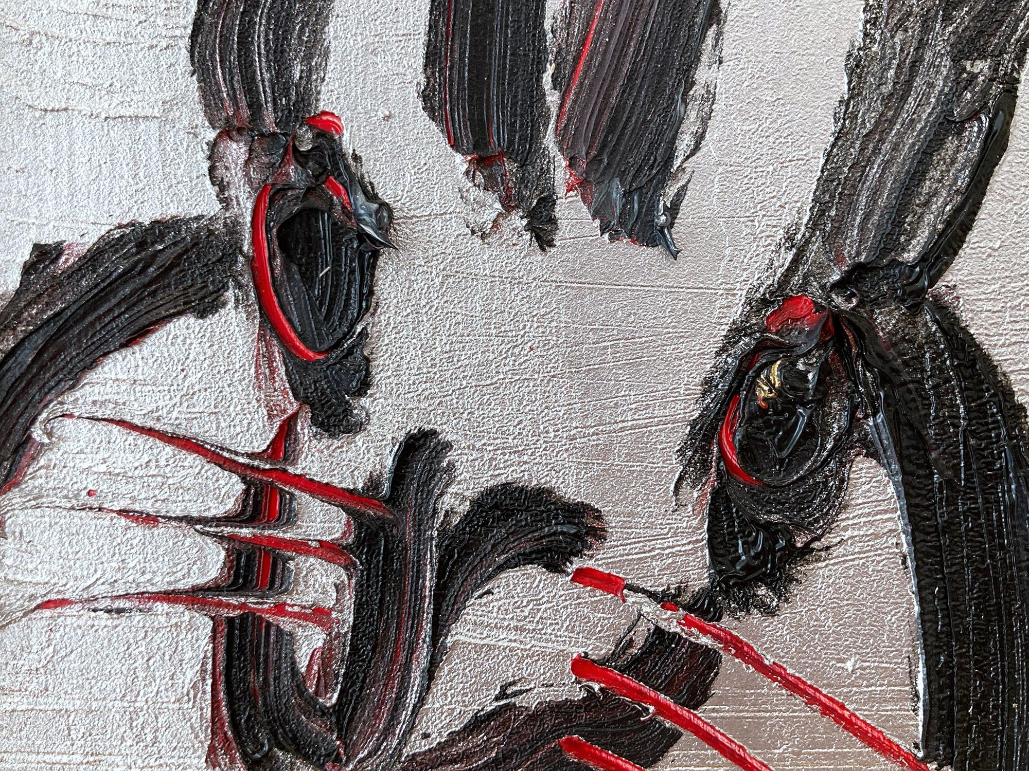 Peinture à l'huile sur bois « Me », bouleau noir sur fond argenté avec accents rouges en vente 1