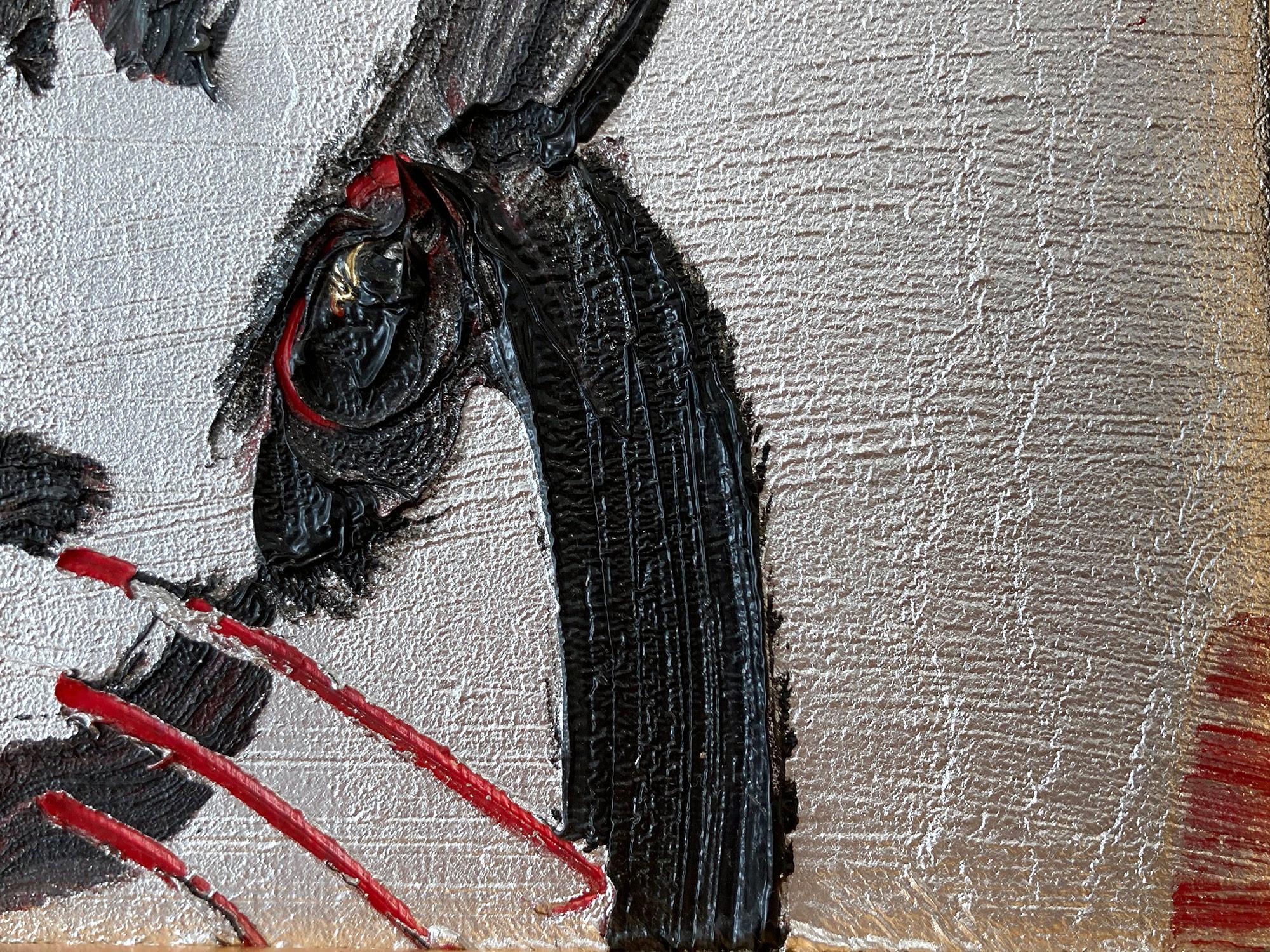 Peinture à l'huile sur bois « Me », bouleau noir sur fond argenté avec accents rouges en vente 2
