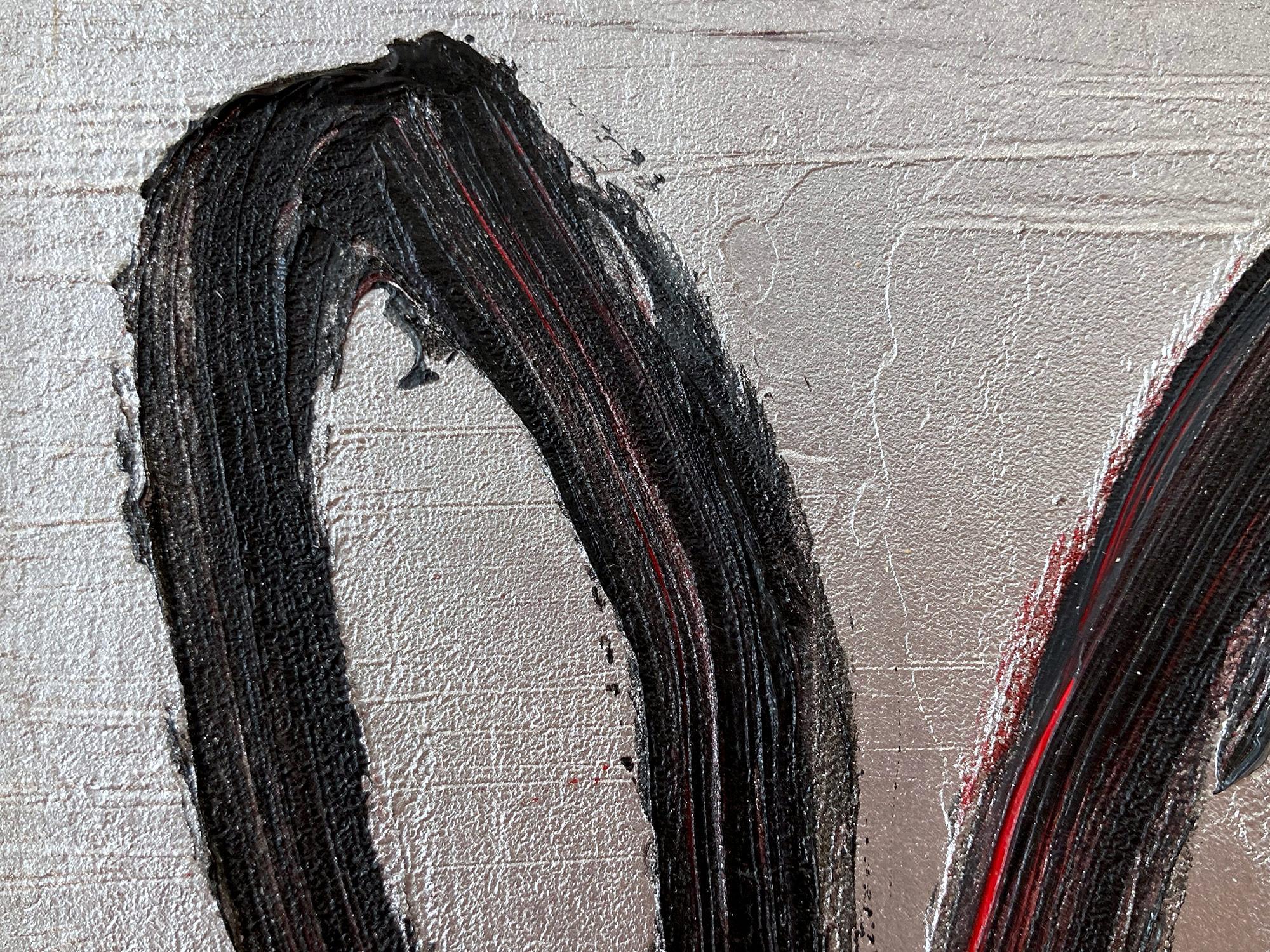 Peinture à l'huile sur bois « Me », bouleau noir sur fond argenté avec accents rouges en vente 3
