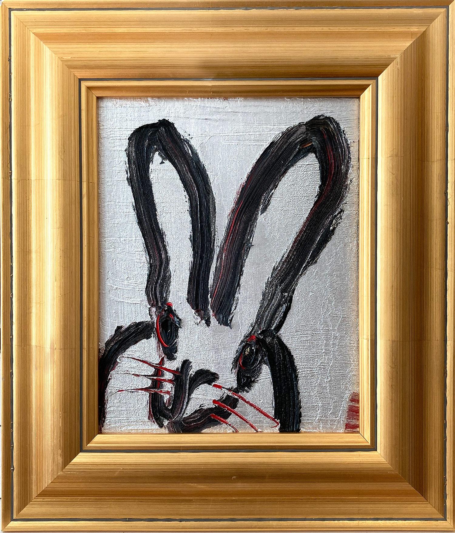 „Me“ Schwarzer Hase auf silbernem Hintergrund mit roten Akzenten, Ölgemälde auf Holz