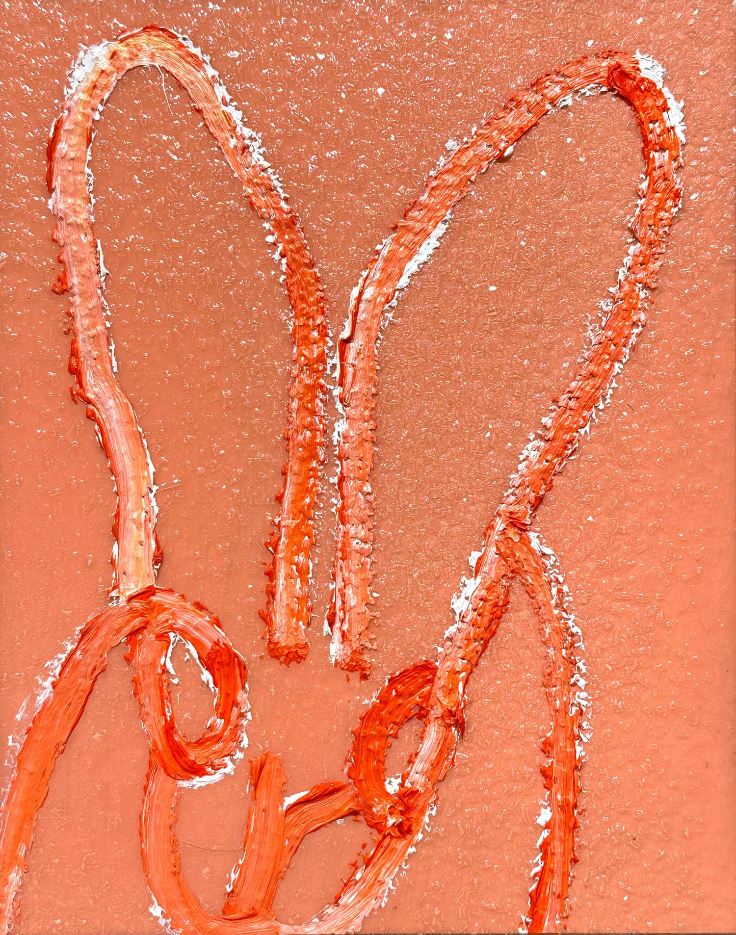 A wonderful composition of one of Slonem's most iconic subjects, Bunnies. This piece depicts a gestural figure of a bunny on a Holland Tulip Orange background with thick use of paint and diamond dust. It is housed in a wonderful antique wood frame.