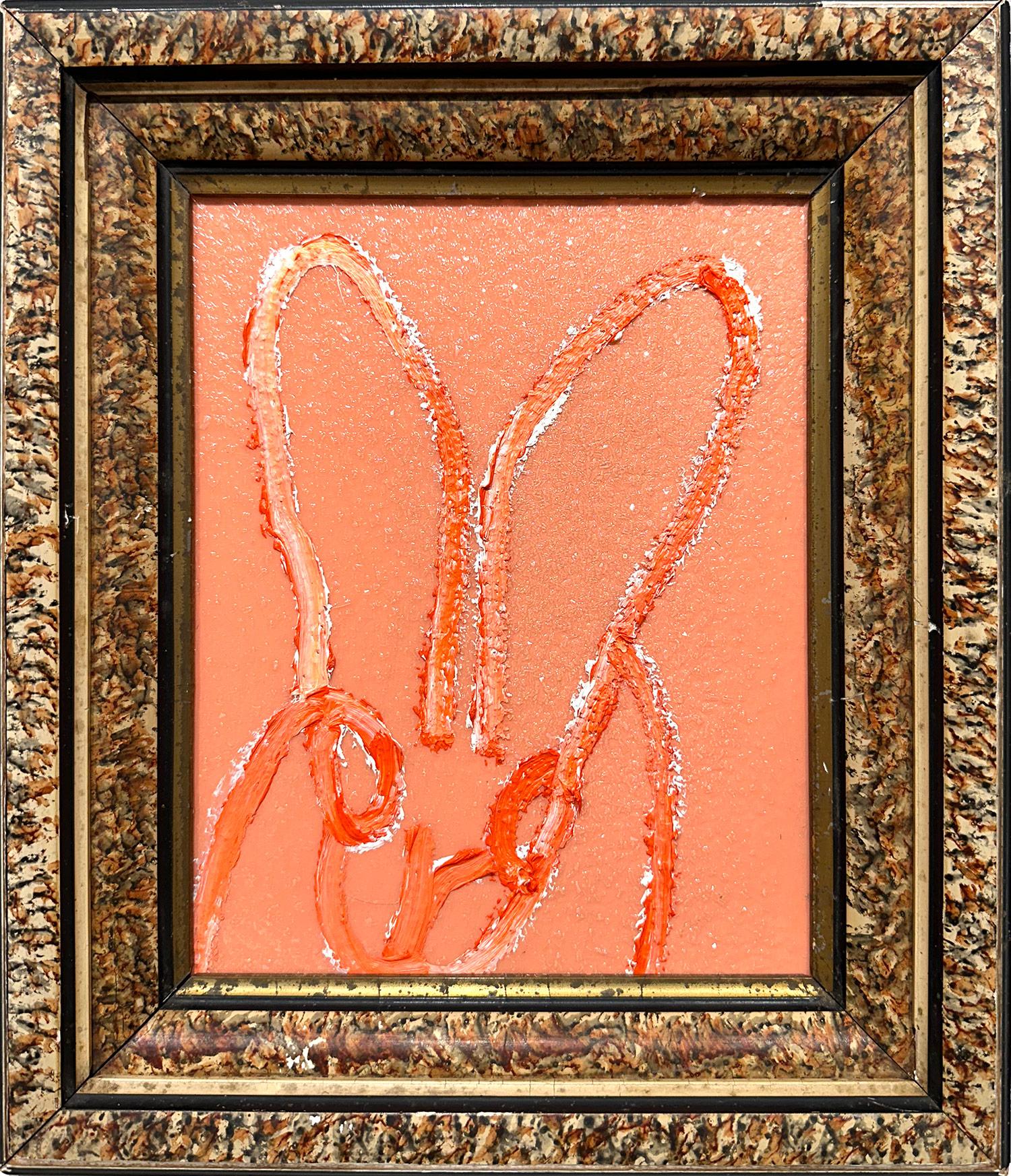 Hunt Slonem Abstract Painting – „Mellon“ Bunny auf Holland Tulpe Orange Ölgemälde auf Holzplatte mit Diamantstaub, Ölgemälde