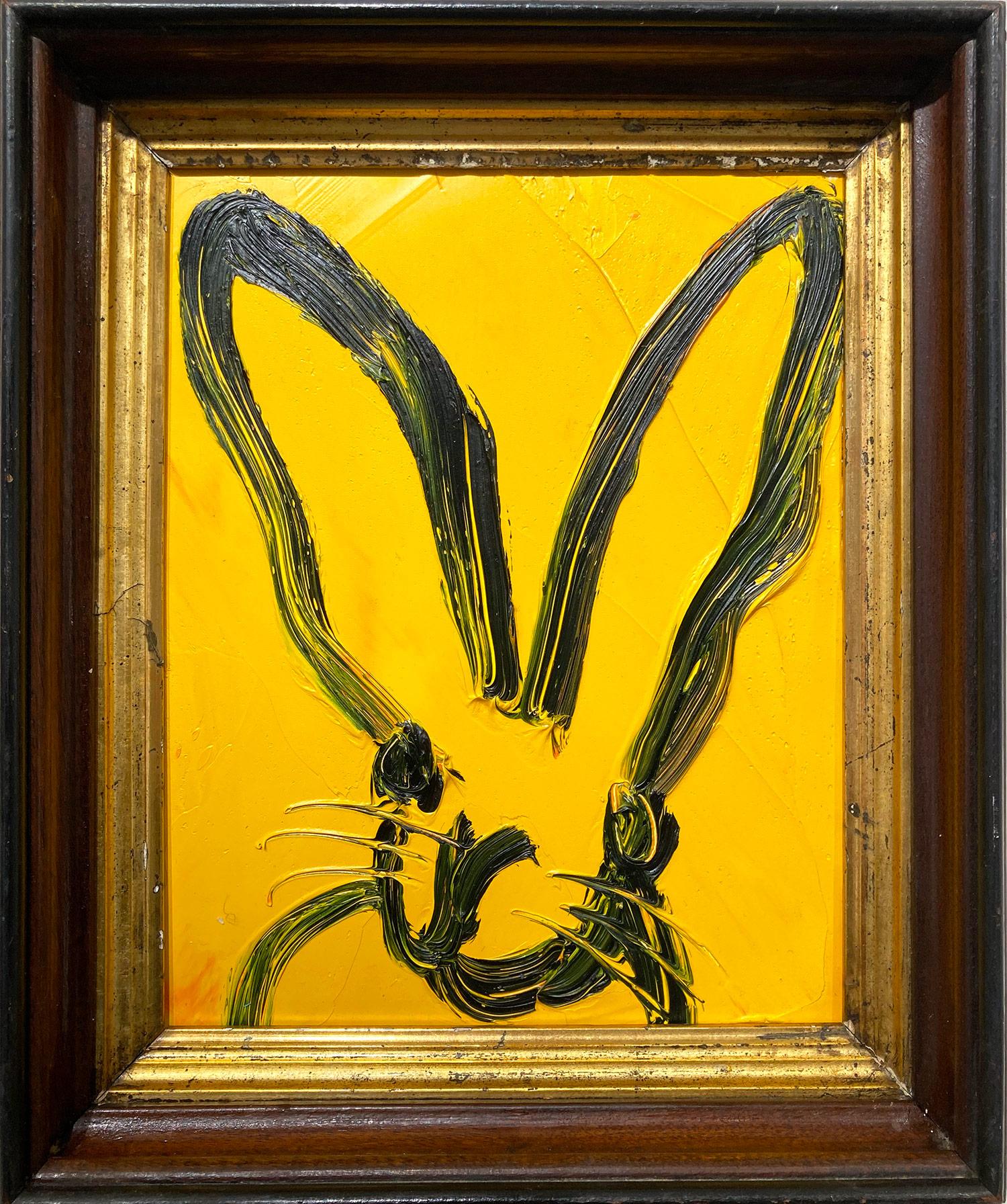 "Melo" Black Outlined Bunny on Royal Yellow Oil Painting on Wood Panel