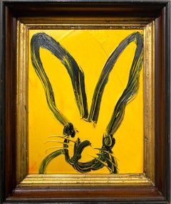 "Melo" Black Outlined Bunny on Royal Yellow Oil Painting on Wood Panel Framed