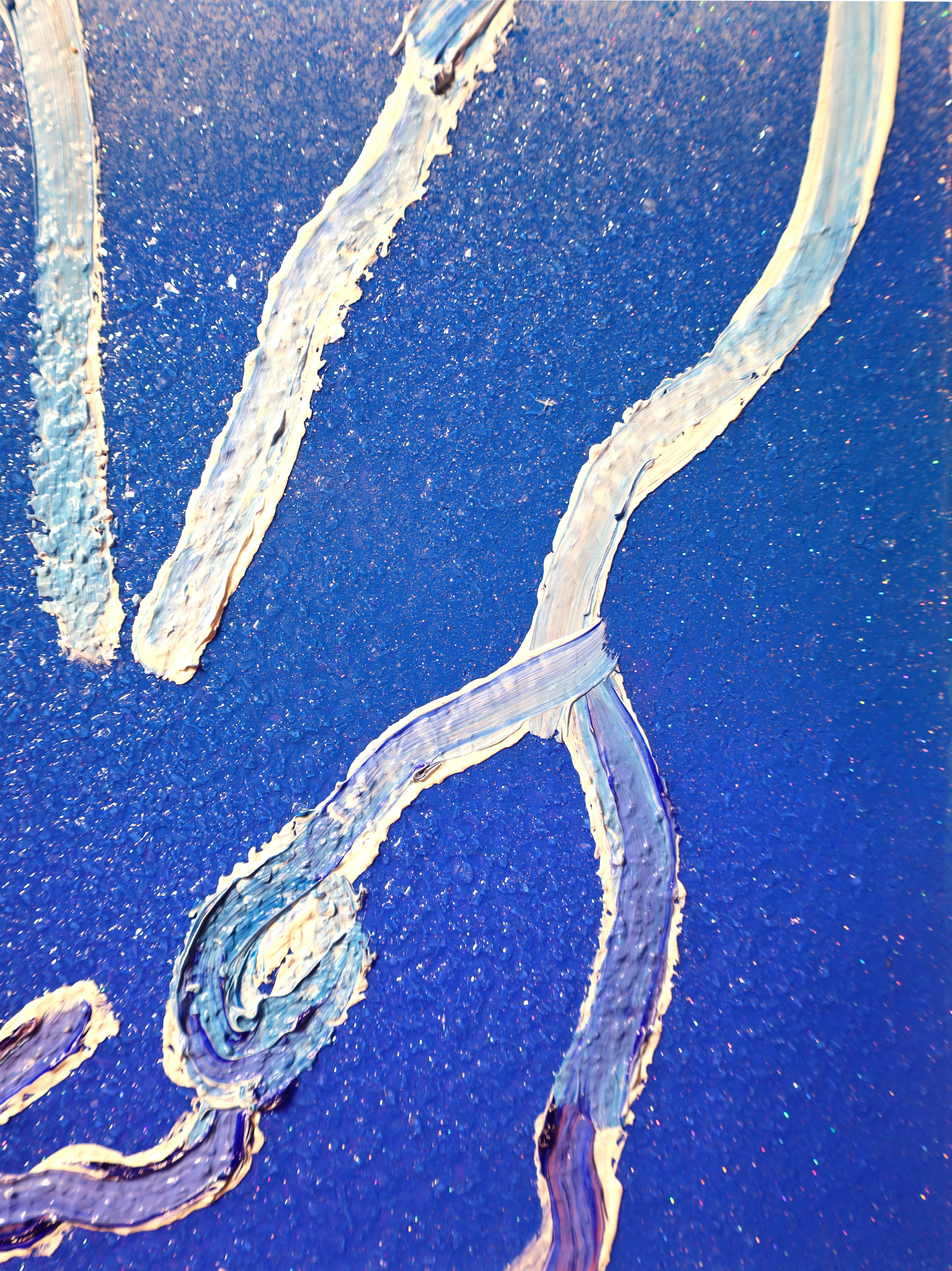 Hunt Slonem's 'Messenger in Blue' is a signature gestural bunny oil painting. The gestural bunny can be found throughout Slonem’s Neo-expressionist body of work. The background of this painting is beautiful gradient of blue with sparkling diamond