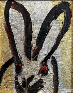 "Metal" Black Bunny Gold & Silver w Red Accents Background Oil Painting Framed
