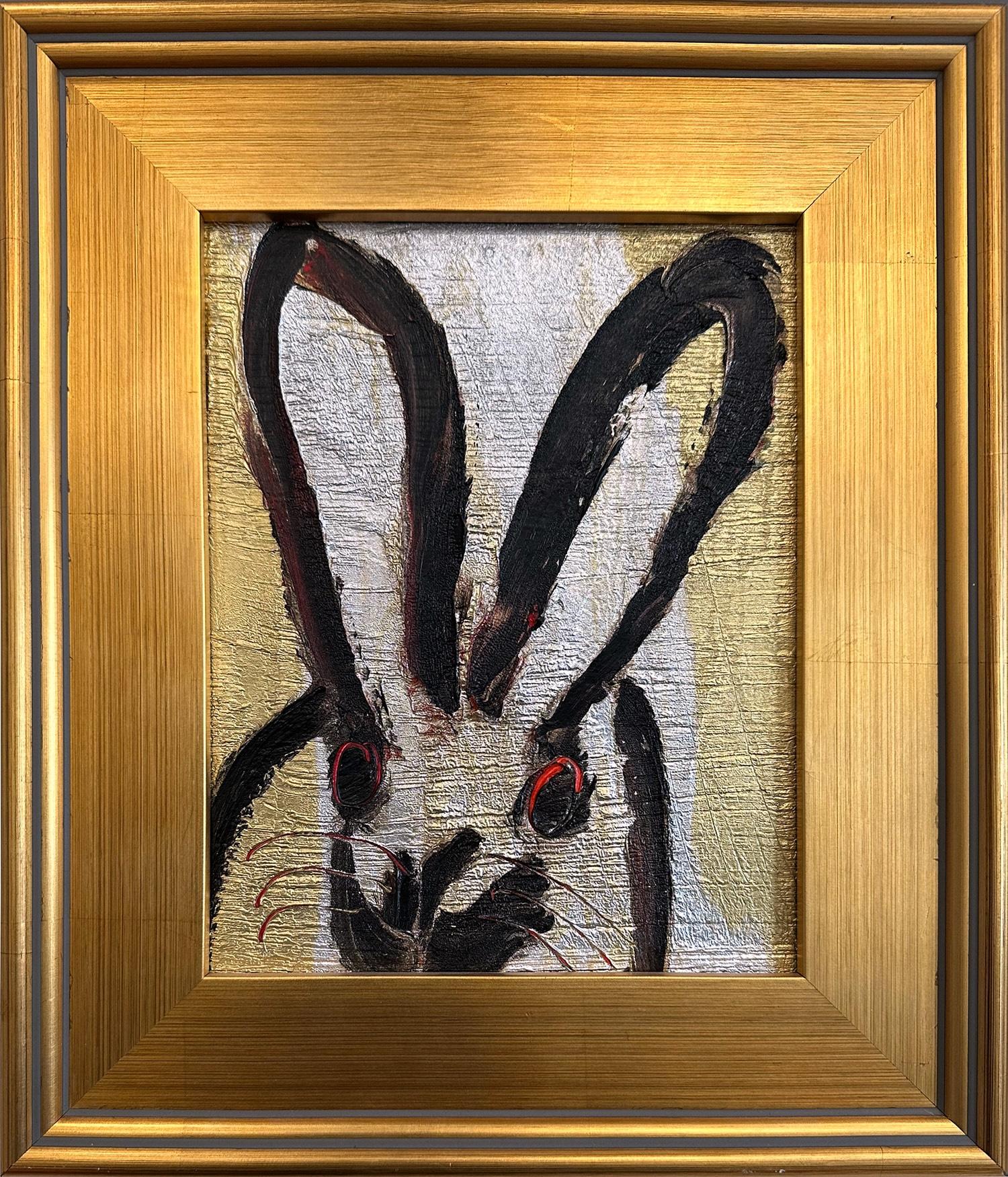 Animal Painting Hunt Slonem - Peinture à l'huile encadrée "Metal" Black Bunny Gold & Silver w Red Accents Background