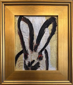 Peinture à l'huile encadrée "Metal" Black Bunny Gold & Silver w Red Accents Background