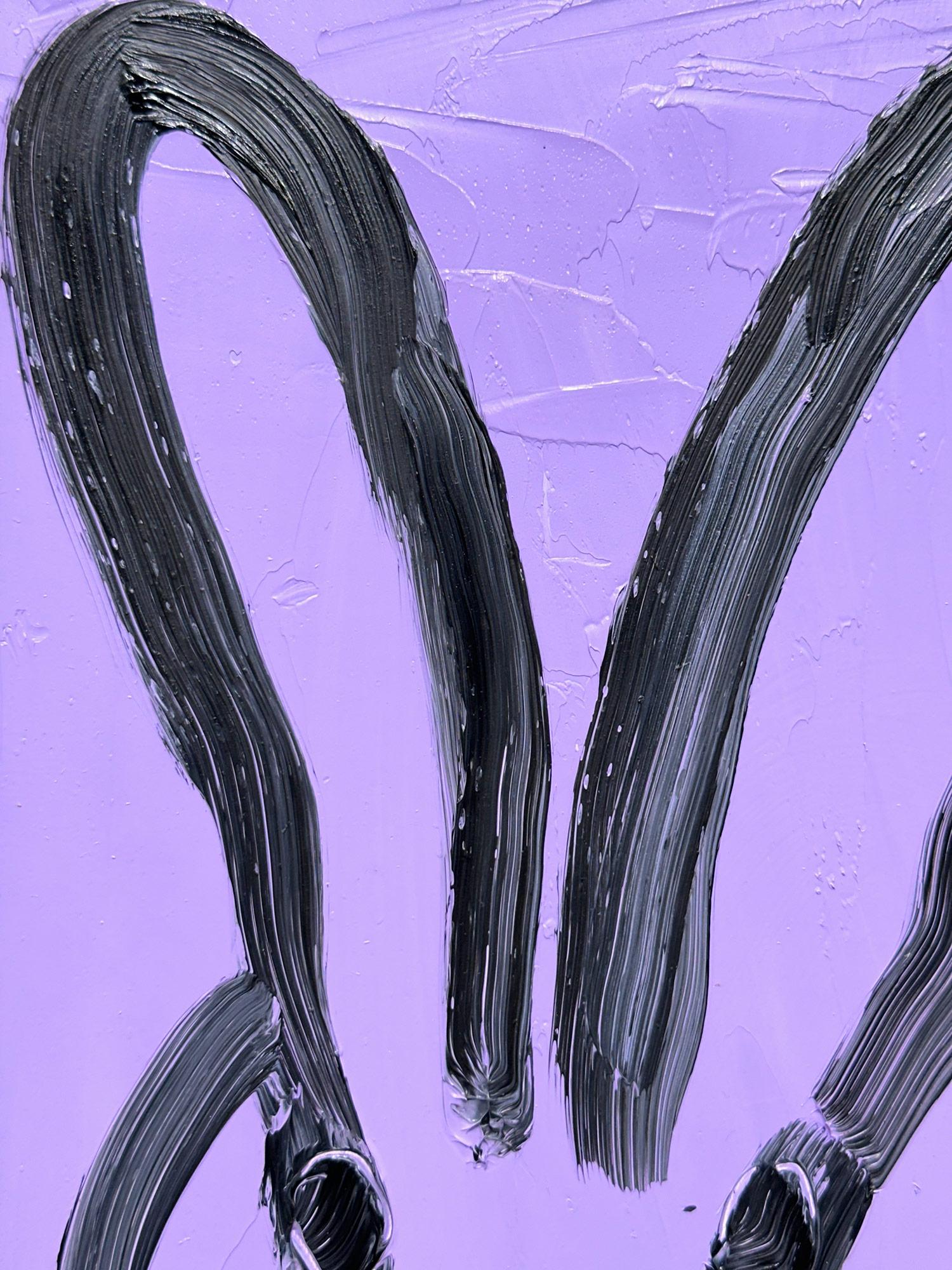 A wonderful composition of one of Slonem's most iconic subjects, Bunnies. This piece depicts a gestural figure of a black bunny on a Purple Lavender background with thick use of paint. It is housed in a wonderful silver frame. Inspired by nature and